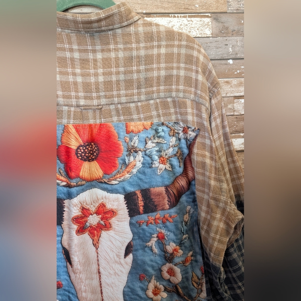 Bull Skull & Floral Design Upcycled Boho Western Dip Dye Bleach Flannel Shirt - Picture 5 of 15